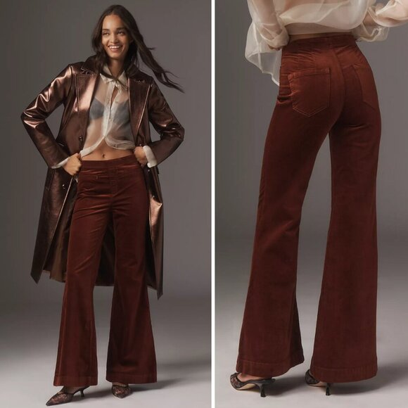 NEW Anthropologie Pilcro Pull-On Mid-Rise Retro Flare Velvet Jeans Chestnut - Picture 1 of 8